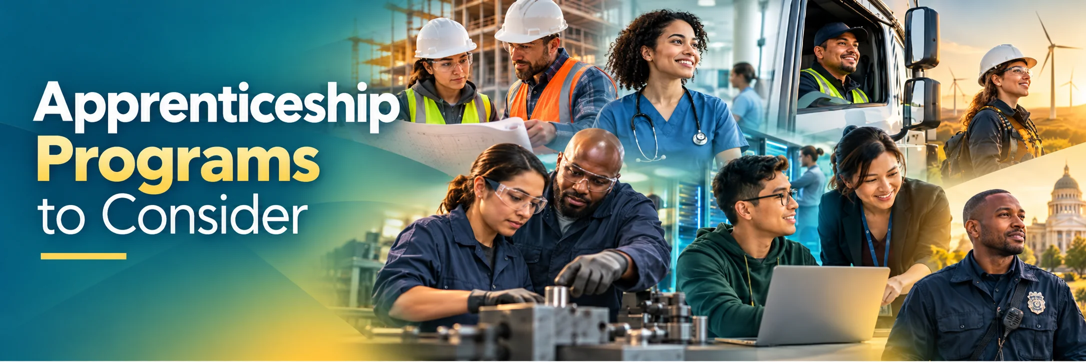 Apprenticeship Programs to Consider: AI-generated collage of apprentices in construction, nursing, trucking, wind energy, machining, information technology and public safety, learning alongside experienced mentors