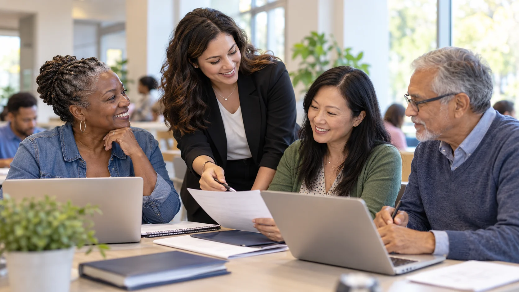 AI-created illustration of adults of different ages and backgrounds working with a career counselor.