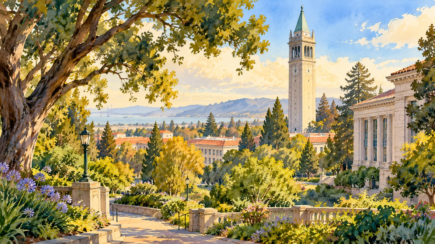 AI-created artistic interpretation of UC Berkeley’s Sather Tower surrounded by campus trees.