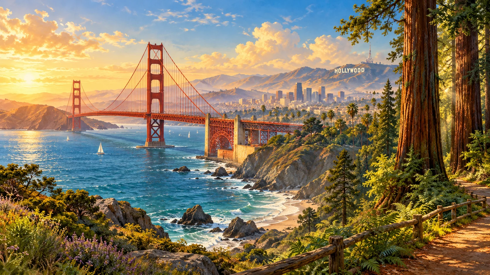 AI-created artistic California collage with the Golden Gate Bridge, Hollywood hills and towering redwoods.