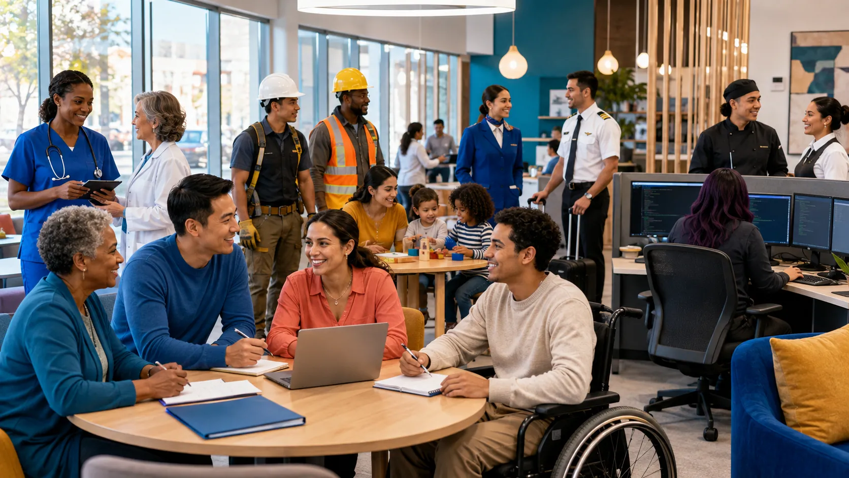 AI-generated illustration of job seekers of many ages and backgrounds planning their search, with workers from healthcare, construction, aviation, food service and office jobs behind them